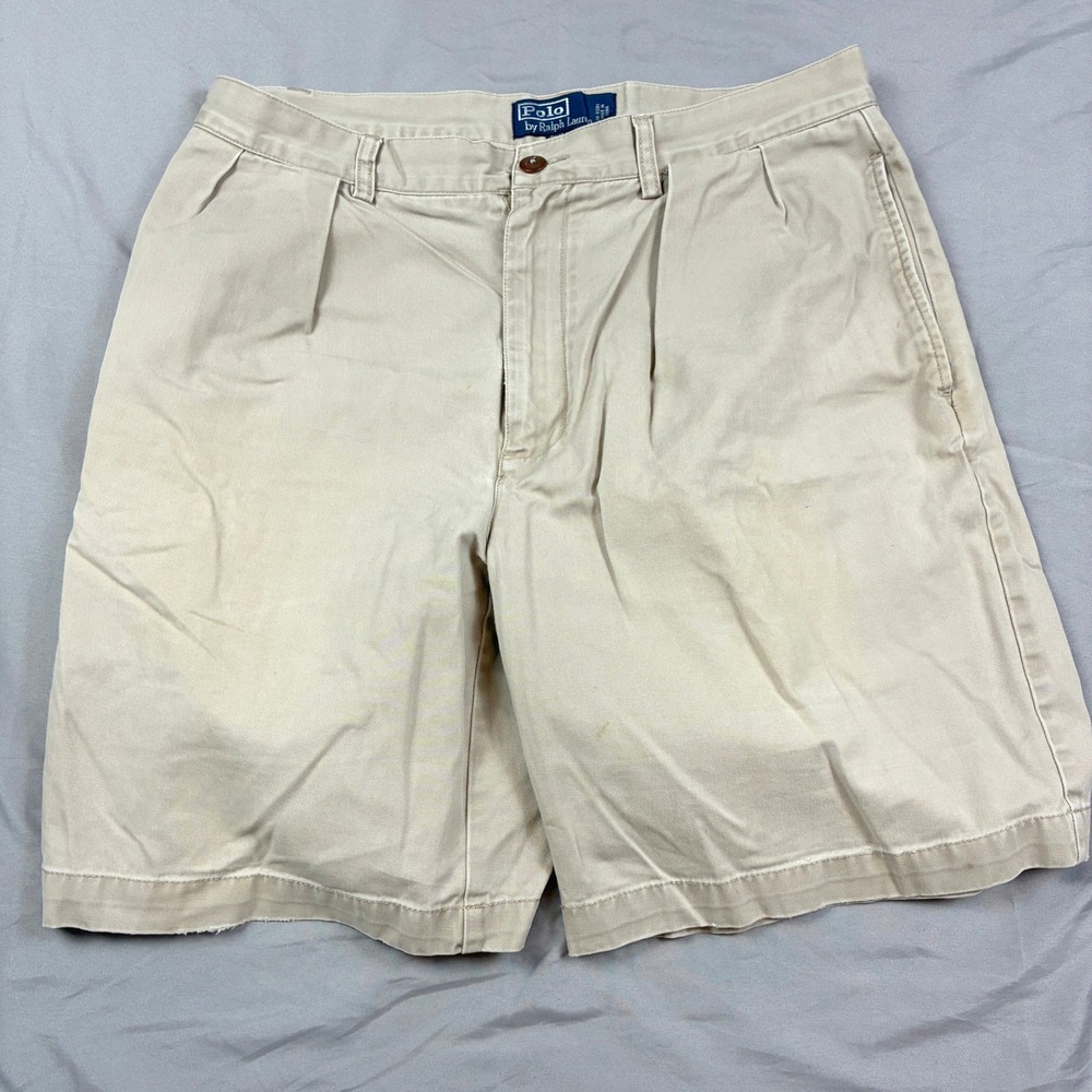 Polo Ralph Lauren Tyler Short Mens 33 Khaki Tan Pleated Chino Cotton Classic